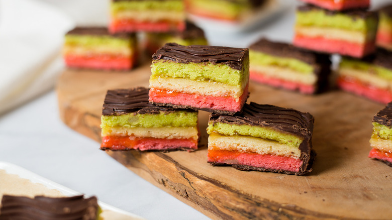 rainbow cookies displayed on board