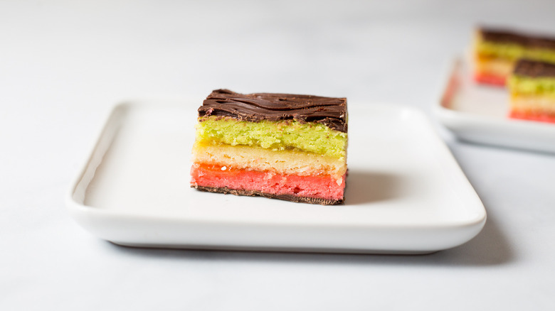 rainbow cookie on white plate