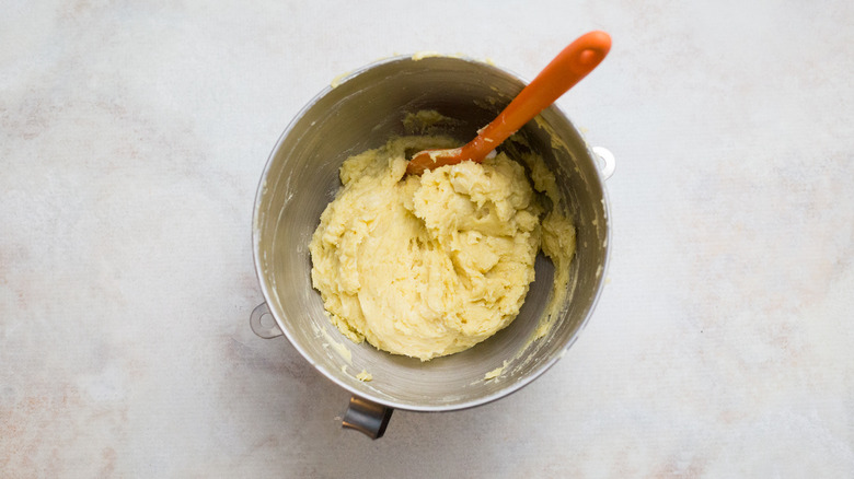 cake batter in metal bowl