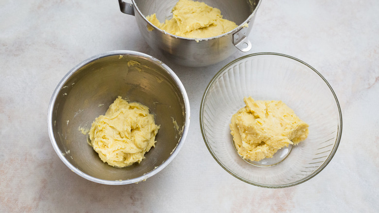 cake batter in 3 bowls