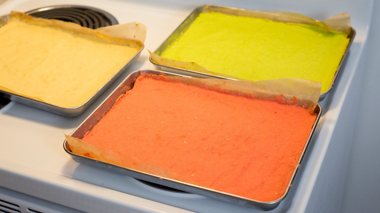 colored cakes in sheet pans