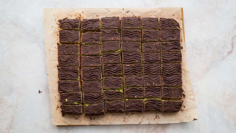 sliced cake on marble table