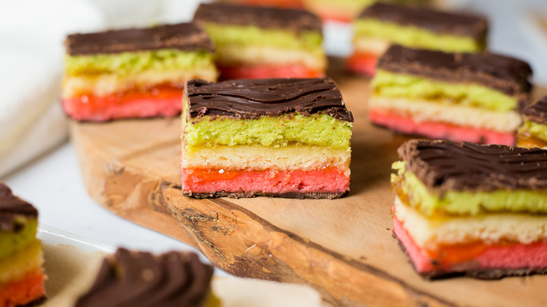 rainbow cookies displayed on board