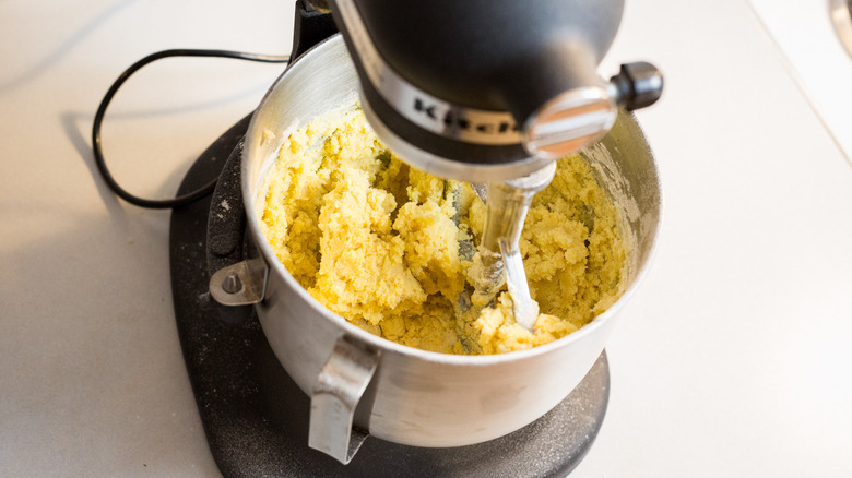 cake batter in mixer bowl