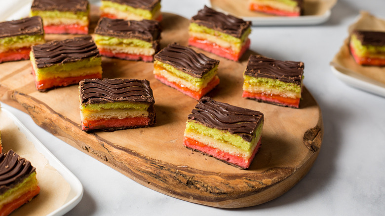 rainbow cookies displayed on board