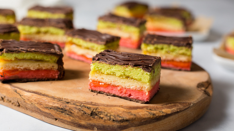 rainbow cookies displayed on board