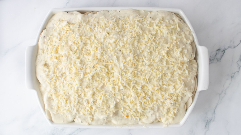 Cheese topped casserole in dish