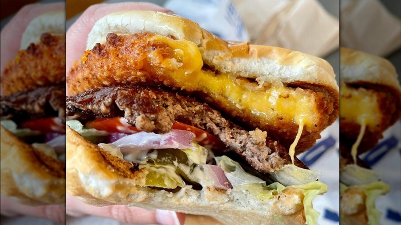close up of Culvers CurderBurger with a cheese curd patty, burger patty, lettuce, and tomato between bun
