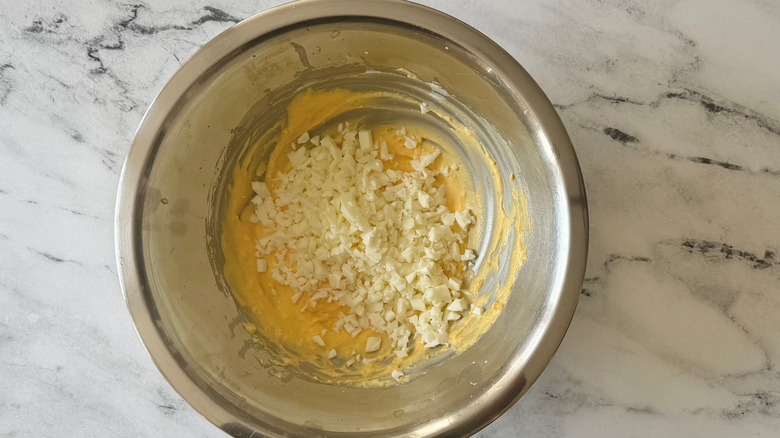 Chopped egg whites in egg salad in bowl