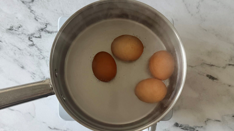 Eggs cooking in pot of water