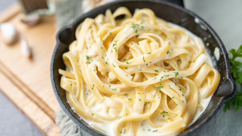 alfredo pasta in pan