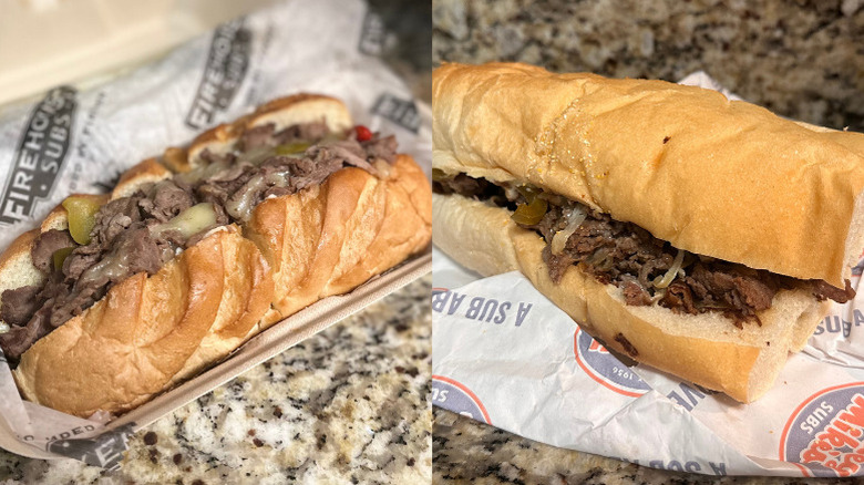 Split image with Firehouse Subs steak and cheese melt in takeout box on left and Jersey Mikes philly cheesesteak on wrapper on right