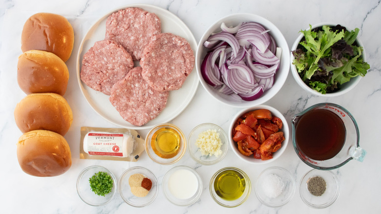 Ingredients for lamb burgers with red wine onions and goat cheese spread