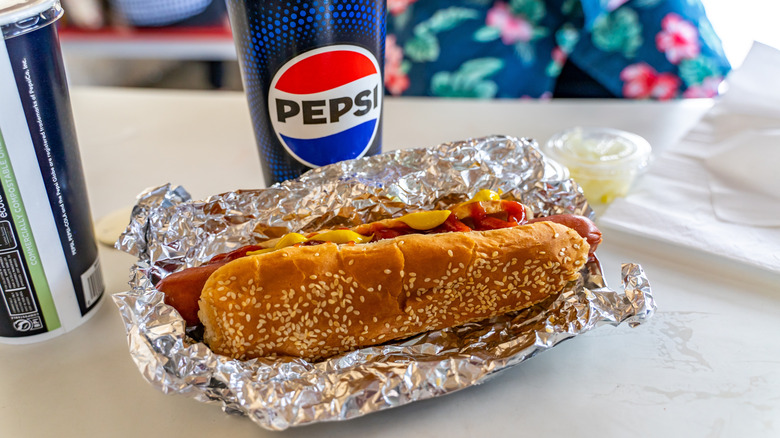 Costco's hot dog and Pepsi combo on table in food court