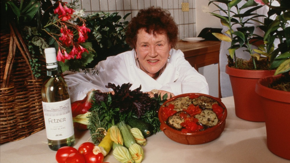 Julia Child decked with all kinds of food. No mayonnaise sadly, though that would probably mixed oddly with the dish she prepared.