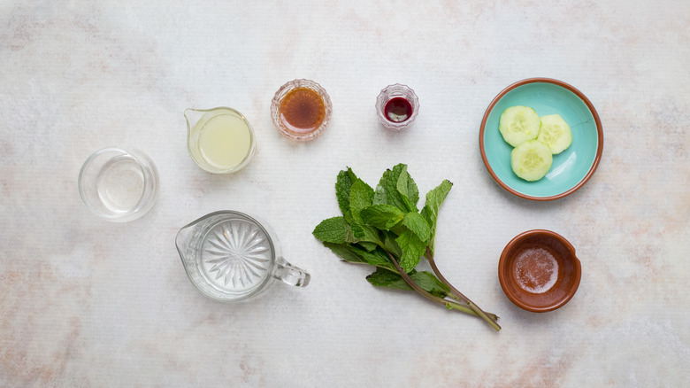 cocktail ingredients on marble table