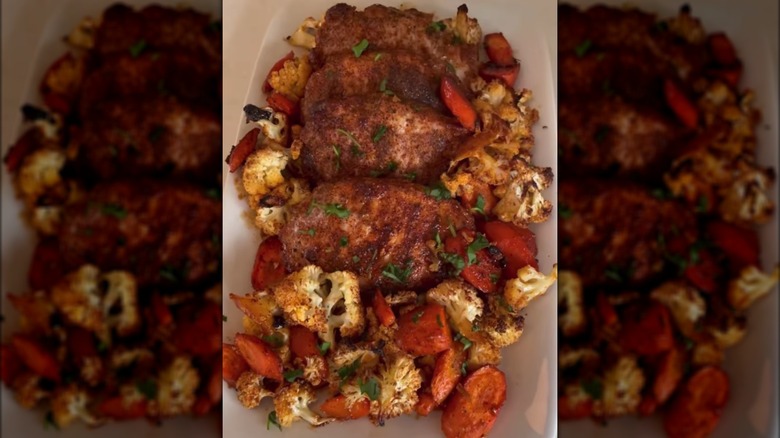 pork chops, cauliflower, and carrots