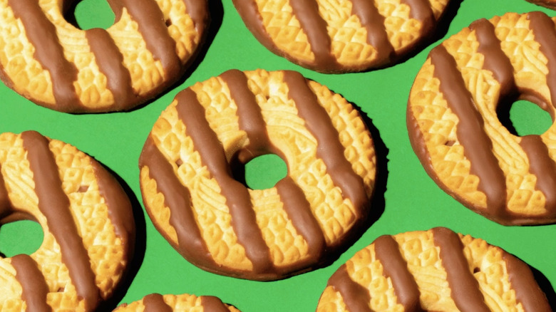 Keebler Fudge Stripe cookies on green background