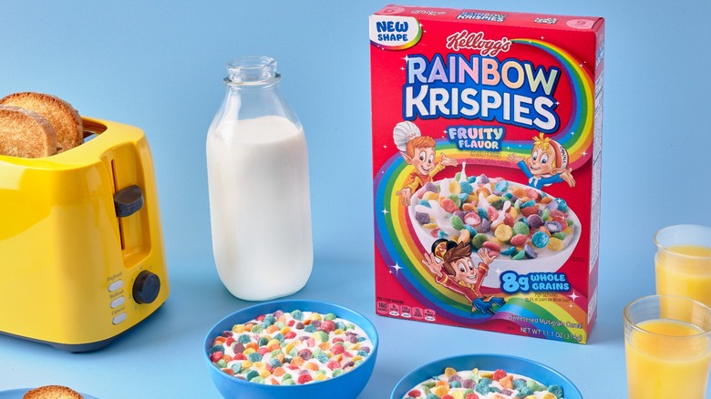 rainbow krispies, milk, juice, and toaster