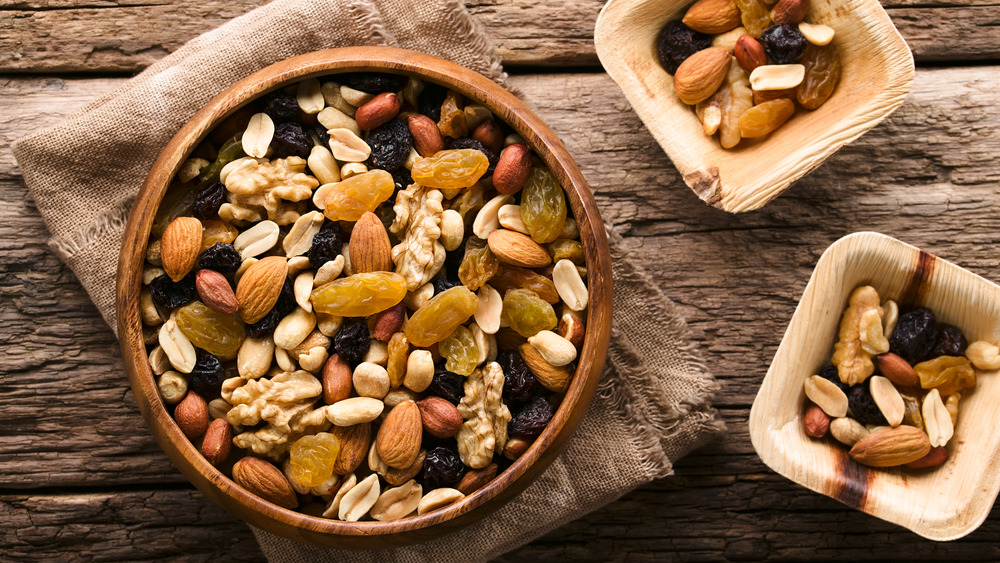 Healthy trail mix in a wood bowl