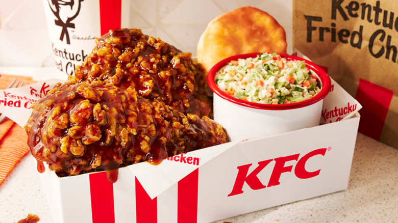KFC honey BBQ chicken in combo box with slaw and biscuit