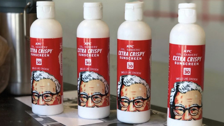 Four bottles of KFC extra crispy sunscreen