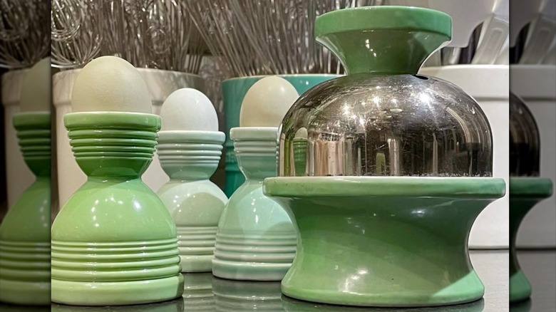 Vintage egg cooker with hard boiled eggs