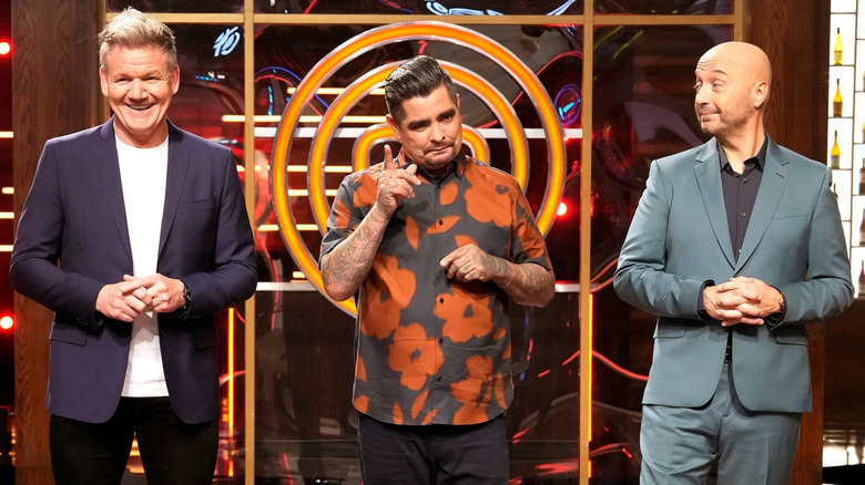 Gordon Ramsay, Aarón Sánchez, and Joe Bastianich on the set of MasterChef