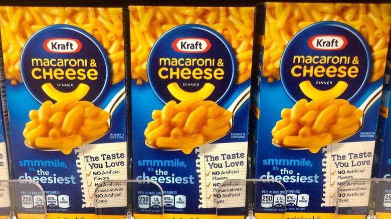 Boxes of Kraft Macaroni & Cheese on the shelf