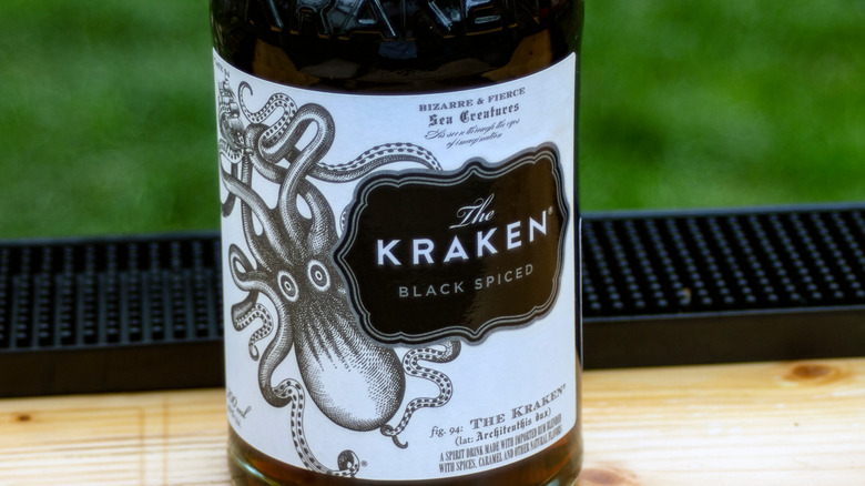 Close up of a bottle of Kraken rum
