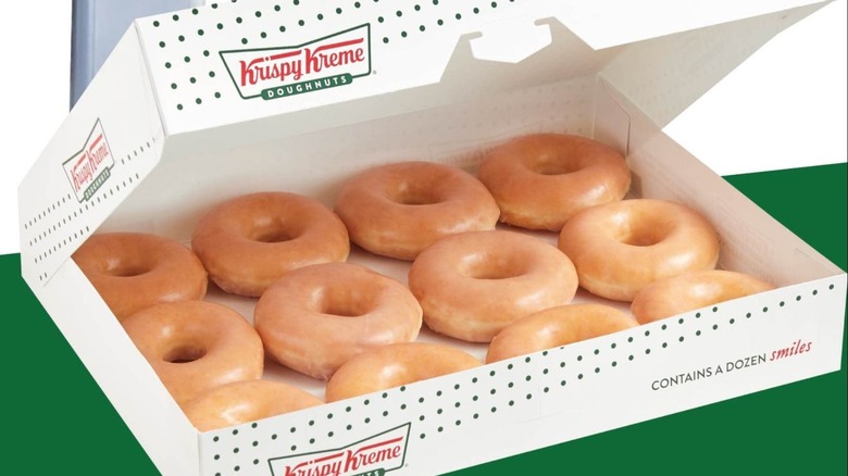 A dozen glazed Krispy Kreme doughnuts