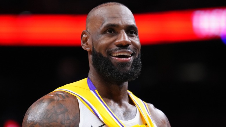 LeBron James smiling during a basketball game