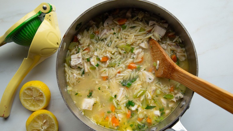 Pot of lemon chicken orzo soup