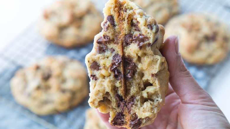 hand holding chocolate chip cookie