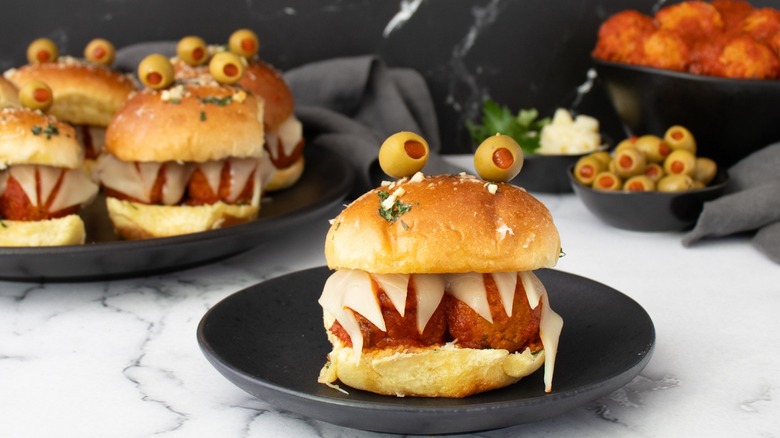 meatball sliders with eyes and teeth