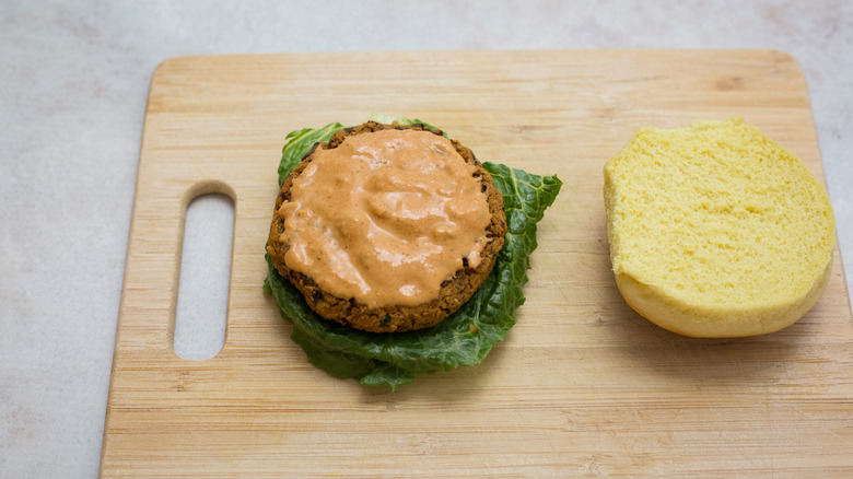 veggie burger on cutting board