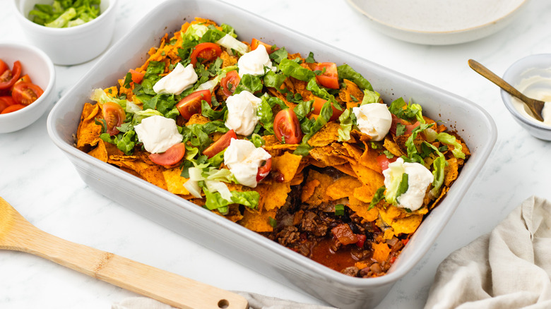 Walking taco casserole in baking dish