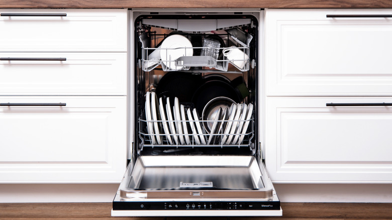 Front view of open, loaded dishwasher