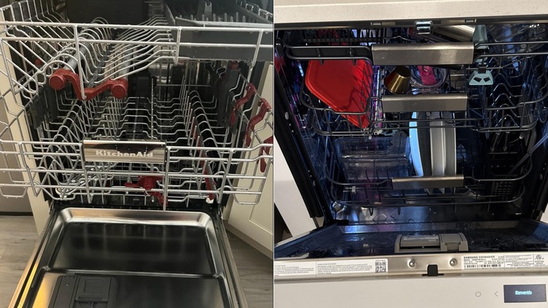 Split screen of open KitchenAid dishwasher and Samsung dishwasher with items inside