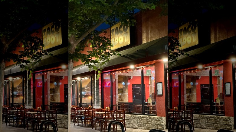 Exterior of the Taco Spot with tables on the sidewalk