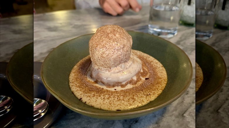 Carajillo cake in a bowl with ice cream