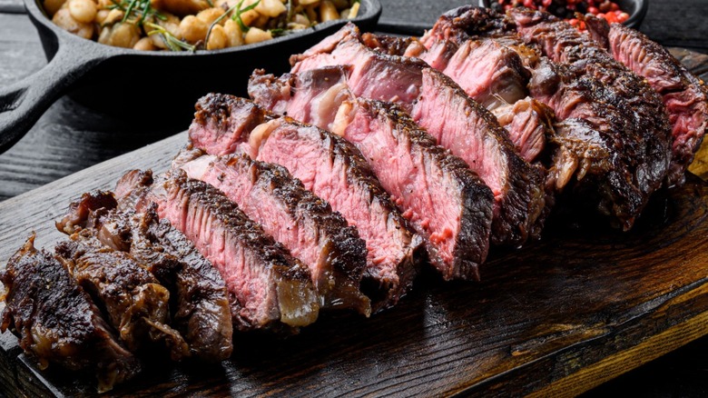 A cooked steak on a plate