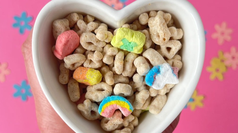 Heart-shaped bowl of Lucky Charms