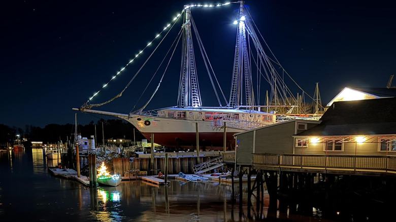 The Spirit of Massachusetts schooner docked at night
