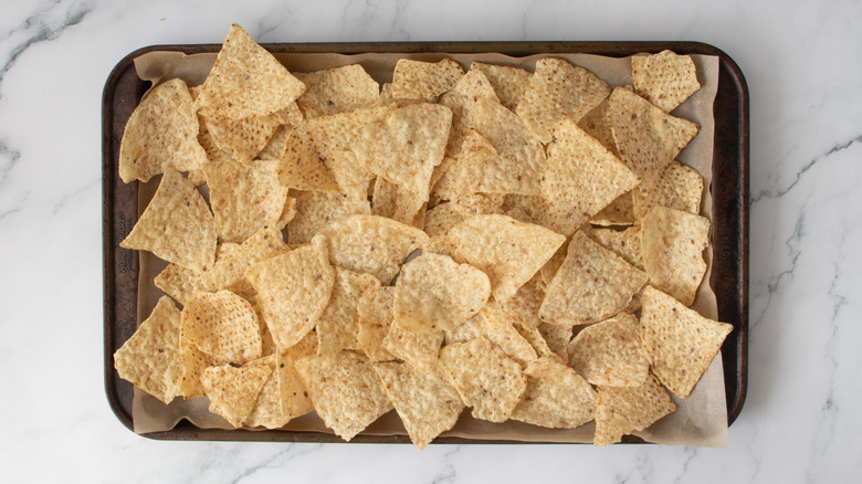 tortilla chips in a baking pan