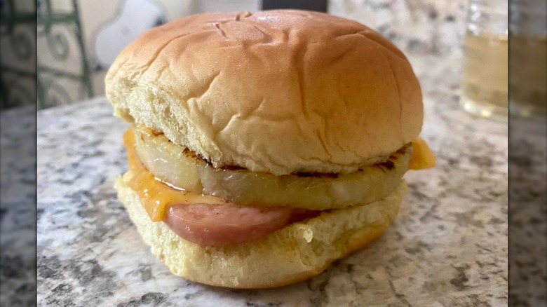 Spam, cheese, and grilled pineapple on a roll