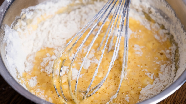 Closeup of pancake batter in bowl