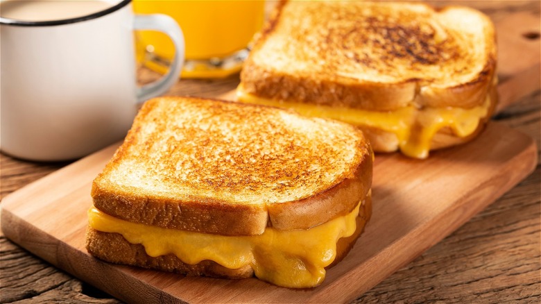 Two golden grilled cheese sandwiches