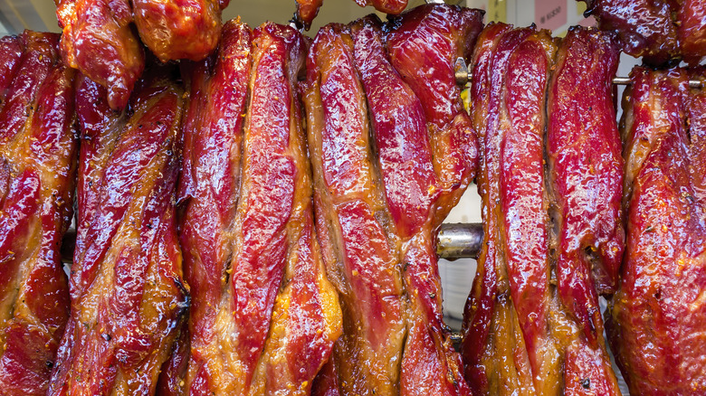 hanging charsiu pork in window