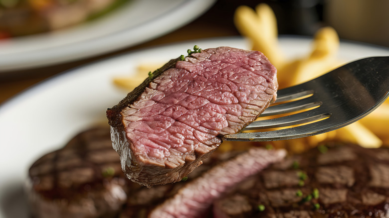 Piece of steak on fork